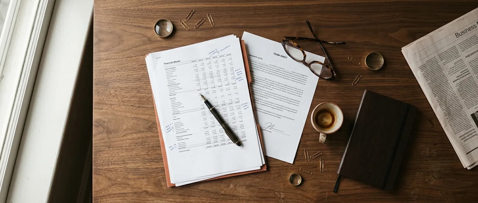 Deal-maker's desk: financial models, term sheet, fountain pen