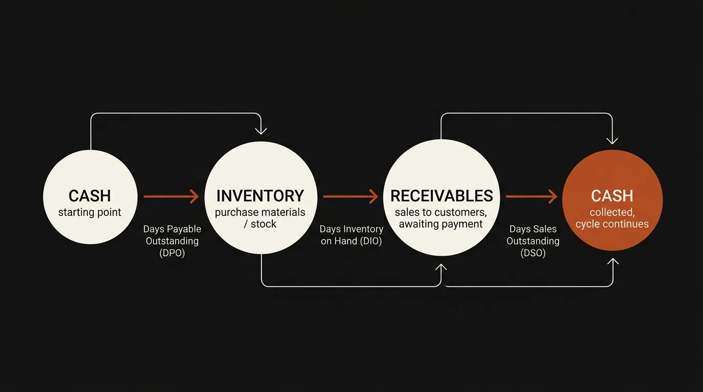 Diagramme du cycle de conversion de la trésorerie : la trésorerie circule à travers les stocks et les comptes clients puis revient en trésorerie, avec les mesures Jours de dette fournisseur (DPO), Jours d'inventaire en main (DIO) et Jours de ventes impayées (DSO) étiquetées entre chaque transition.