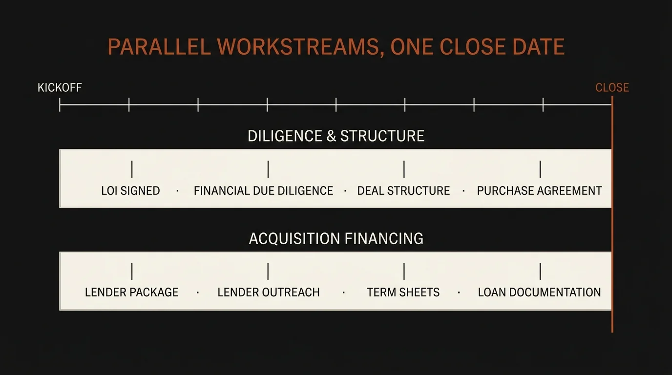 Diagramme de type Gantt du processus d'une transaction de F&A montrant deux volets parallèles de longueur égale allant du lancement à la clôture. Le volet supérieur, intitulé Diligence et structure, marque quatre jalons : signature de la LDI, diligence financière, structure de la transaction et contrat d'achat. Le volet inférieur, intitulé Financement d'acquisition, marque quatre jalons parallèles : dossier de prêteur, sollicitation des prêteurs, lettres d'offre et documentation du prêt. Les deux volets partagent une seule date de clôture à droite, illustrant que la diligence et le financement se déroulent simultanément plutôt qu'en séquence.