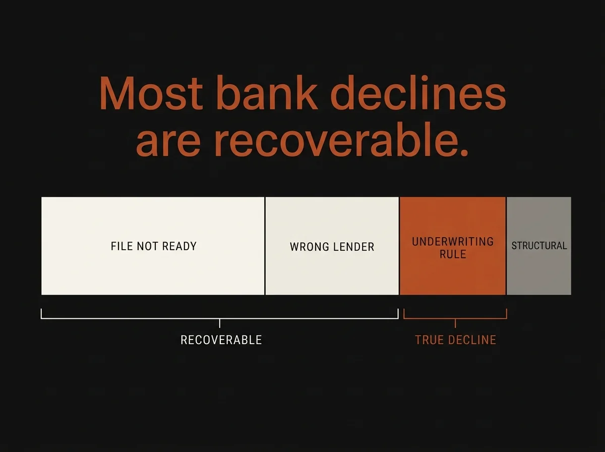Category breakdown of Canadian commercial loan declines: FILE NOT READY and WRONG LENDER together form the majority, UNDERWRITING RULE represents the true decline segment, and STRUCTURAL is the small remainder.